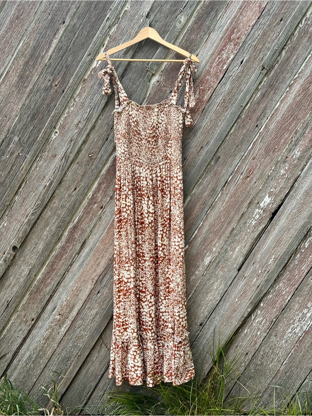 By Together Boho Smocked Tie Strap Midi Dress L Terracotta Floral Cottagecore